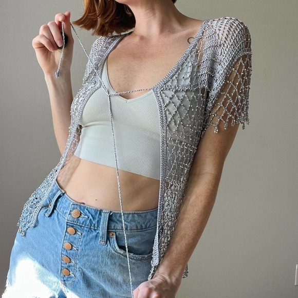 Vintage Style Gray Rhinestone Embellished Crochet Fishnet Front Tie Cardi - Picture 5 of 5